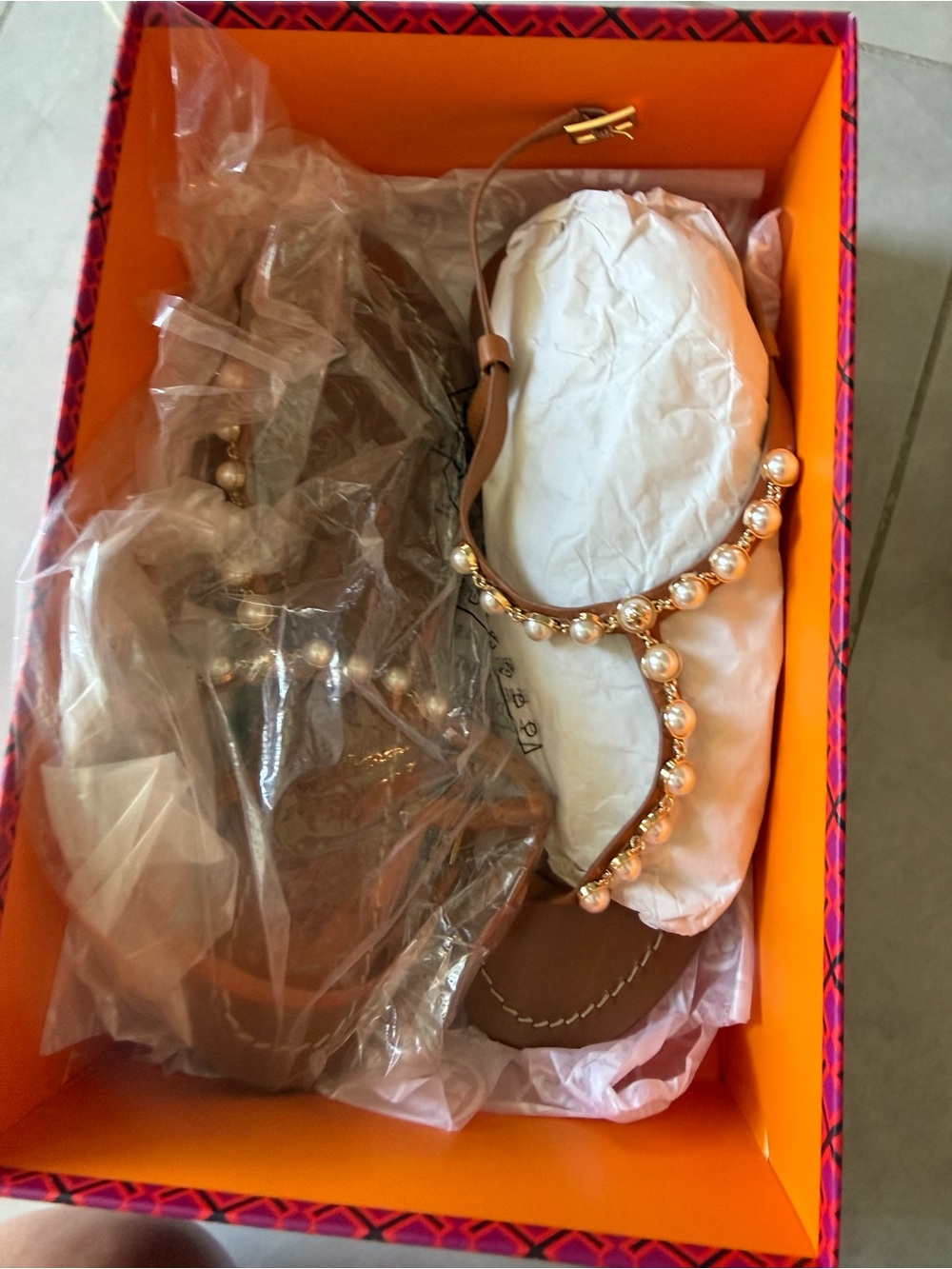 Tory Burch Brown Leather Pearl-Embellished T-Strap Sandals - Picture 5 of 7